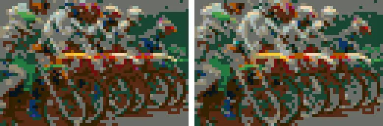 The motocross riders as a brick mosaic 64 across, matched from the quick average on the left and from light on the right