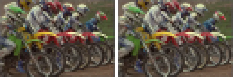 The motocross riders at 64 squares across, averaged the quick way on the left and as light on the right; the left is darker along every edge